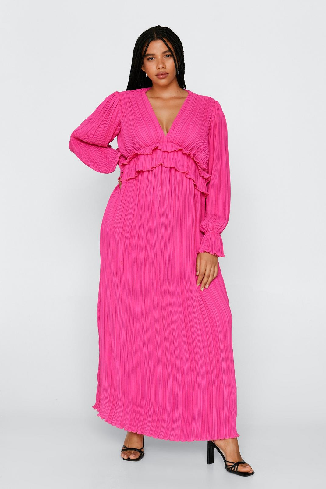 Grande taille - Robe longue plissée à volants en mousseline de soie, Hot pink image number 1