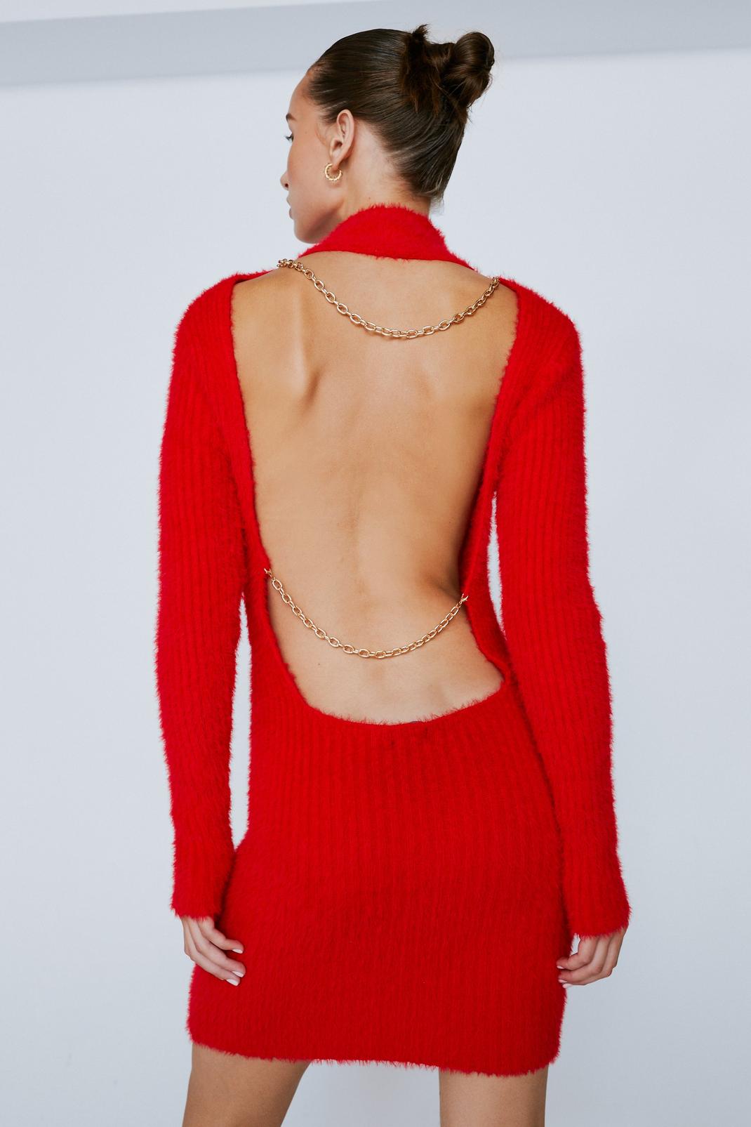 Red Chain Detail Open Back Fluffy Mini Dress image number 1
