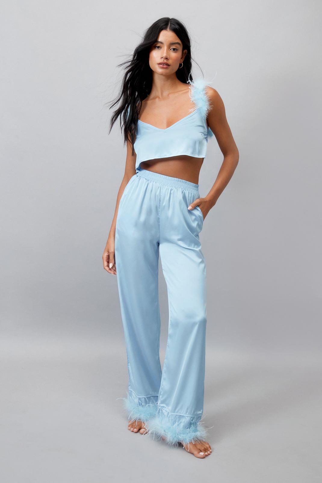 Baby blue Satin Feather Crop Cami and Trousers Pyjama Set image number 1
