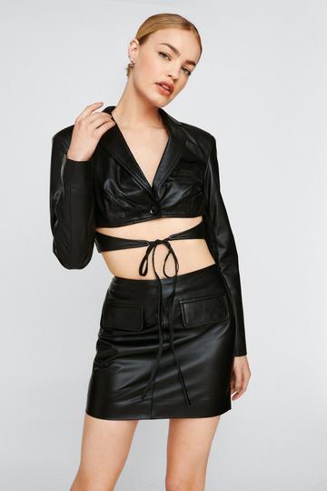 Black Pocket Detail Real Leather Mini Skirt