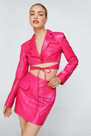 Pink Pocket Detail Real Leather Mini Skirt