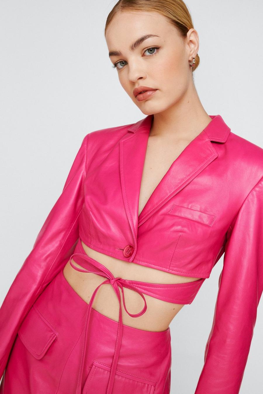 Real Leather Tie Detail Cropped Blazer