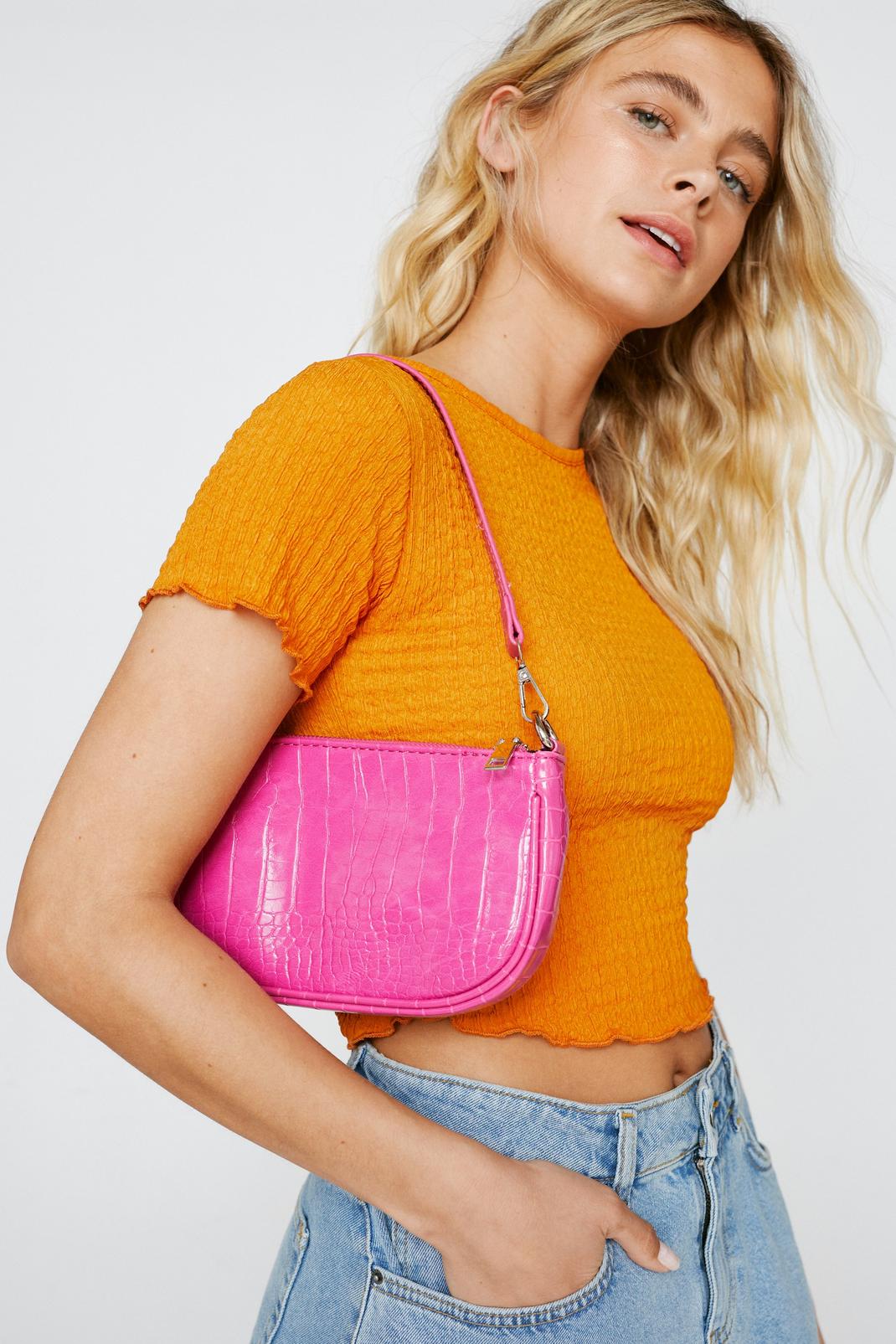 Hot pink Croc Effect Faux Leather Shoulder Bag image number 1