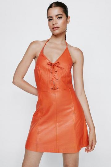 Real Leather Lace Up Mini Dress orange