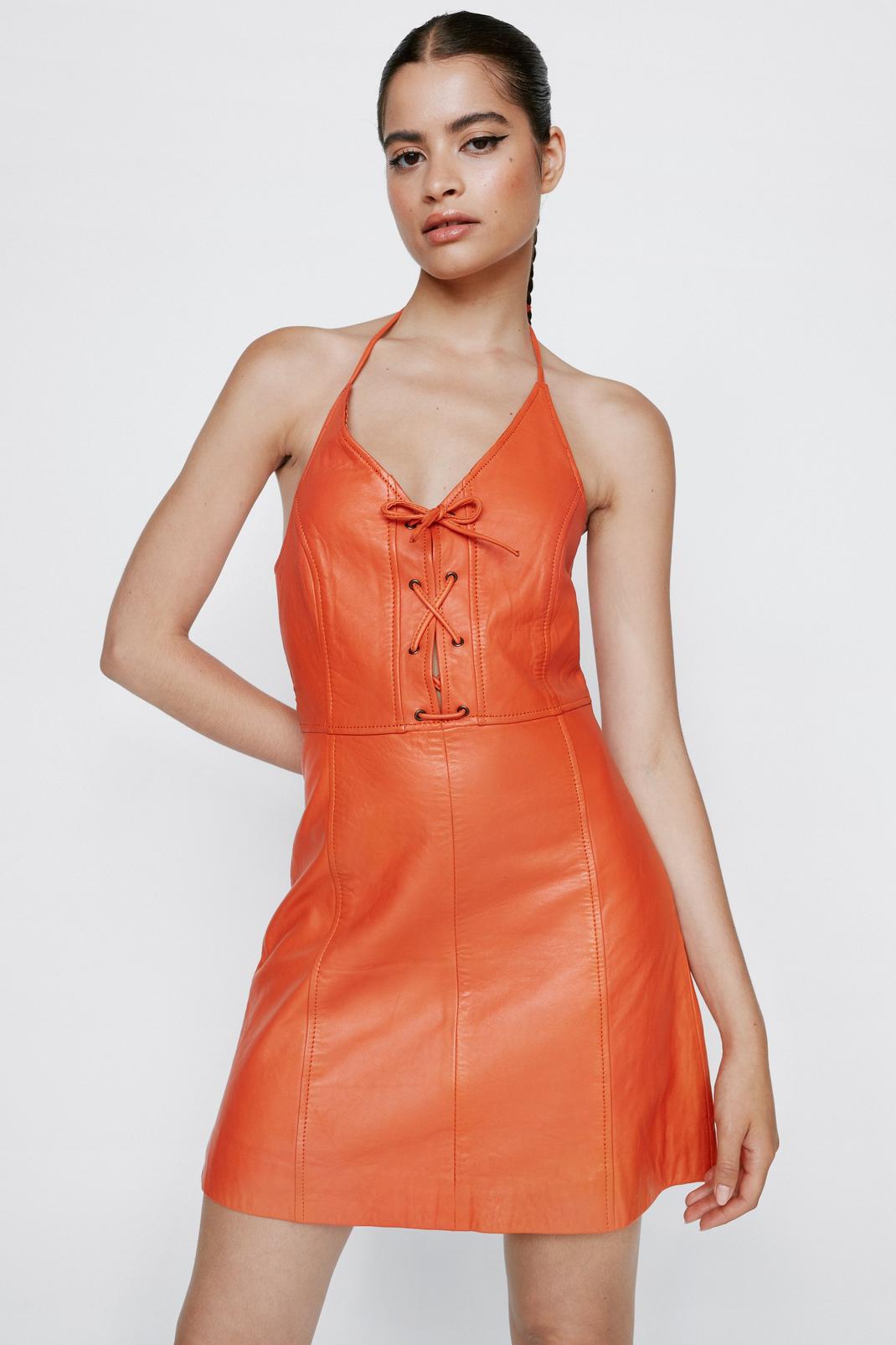 Orange Real Leather Lace Up Mini Dress image number 1