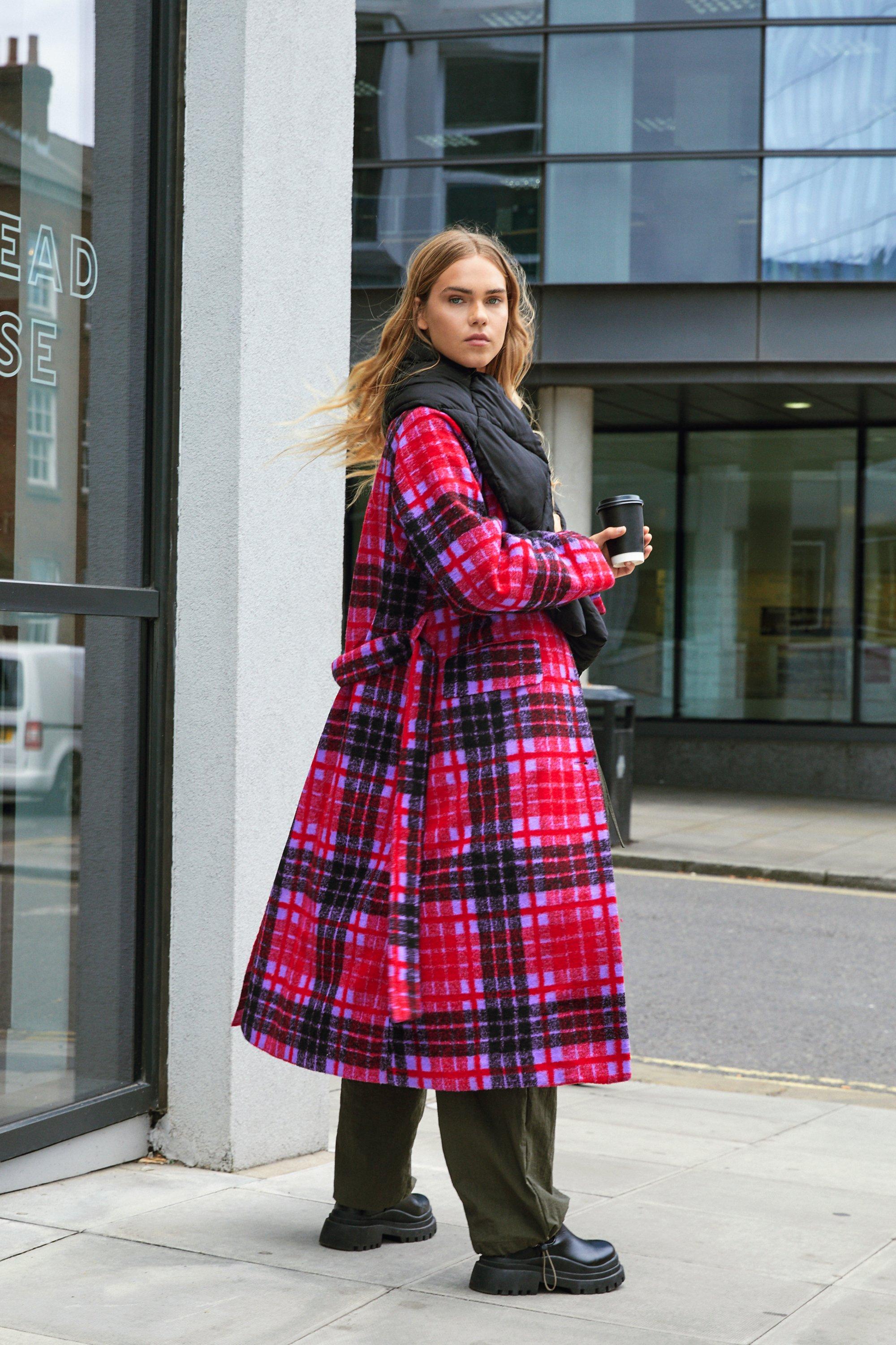 Black check shop formal longline coat