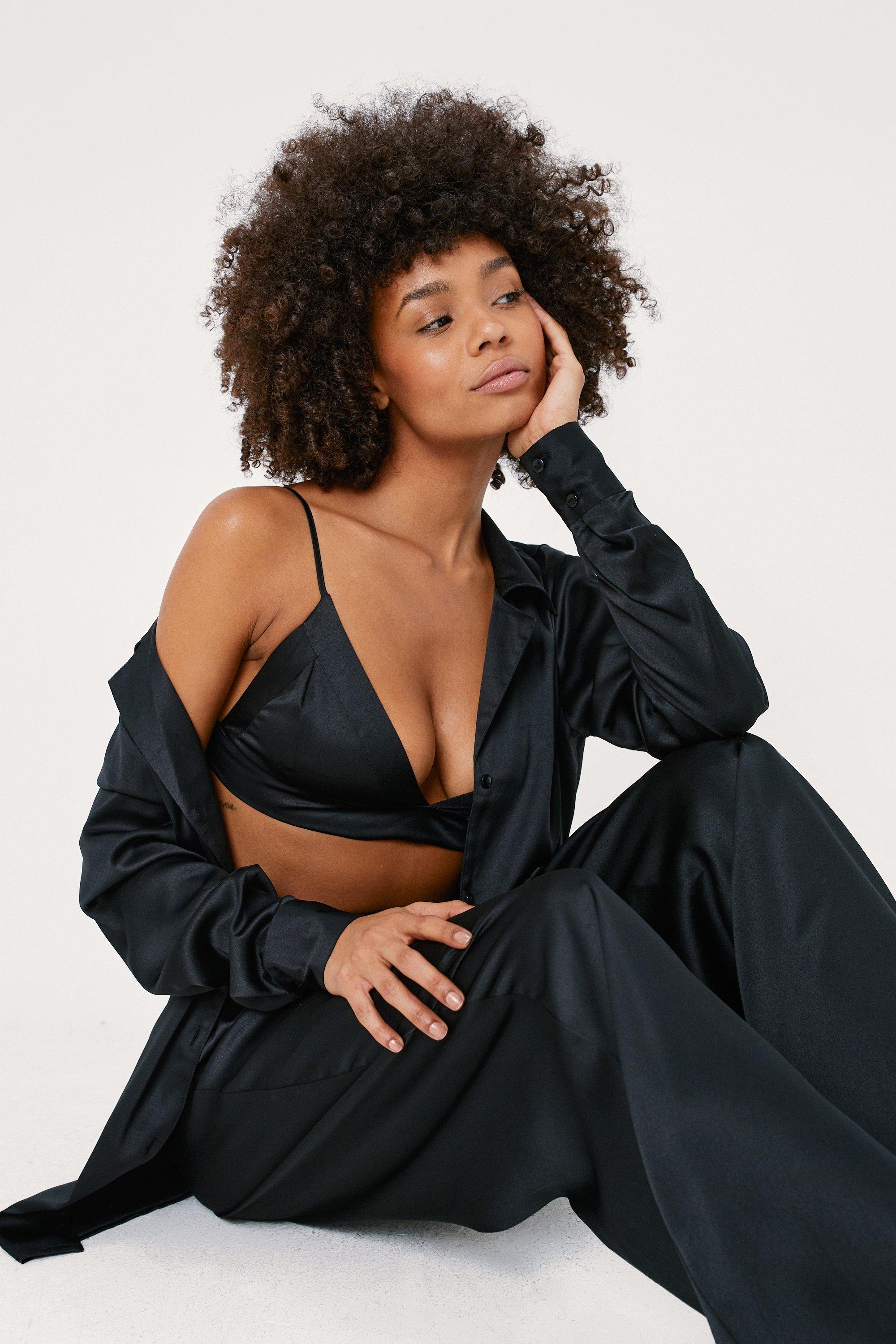 ASOS DESIGN satin long sleeve shirt & pants pajama set in black