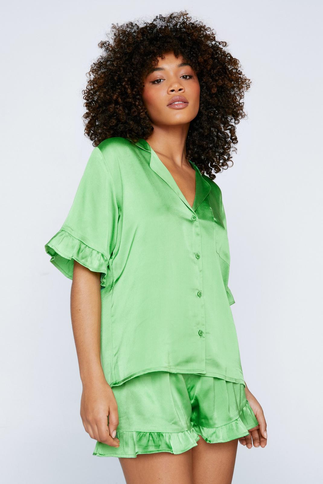 Green Satin Ruffle Shorts Pajama Set image number 1
