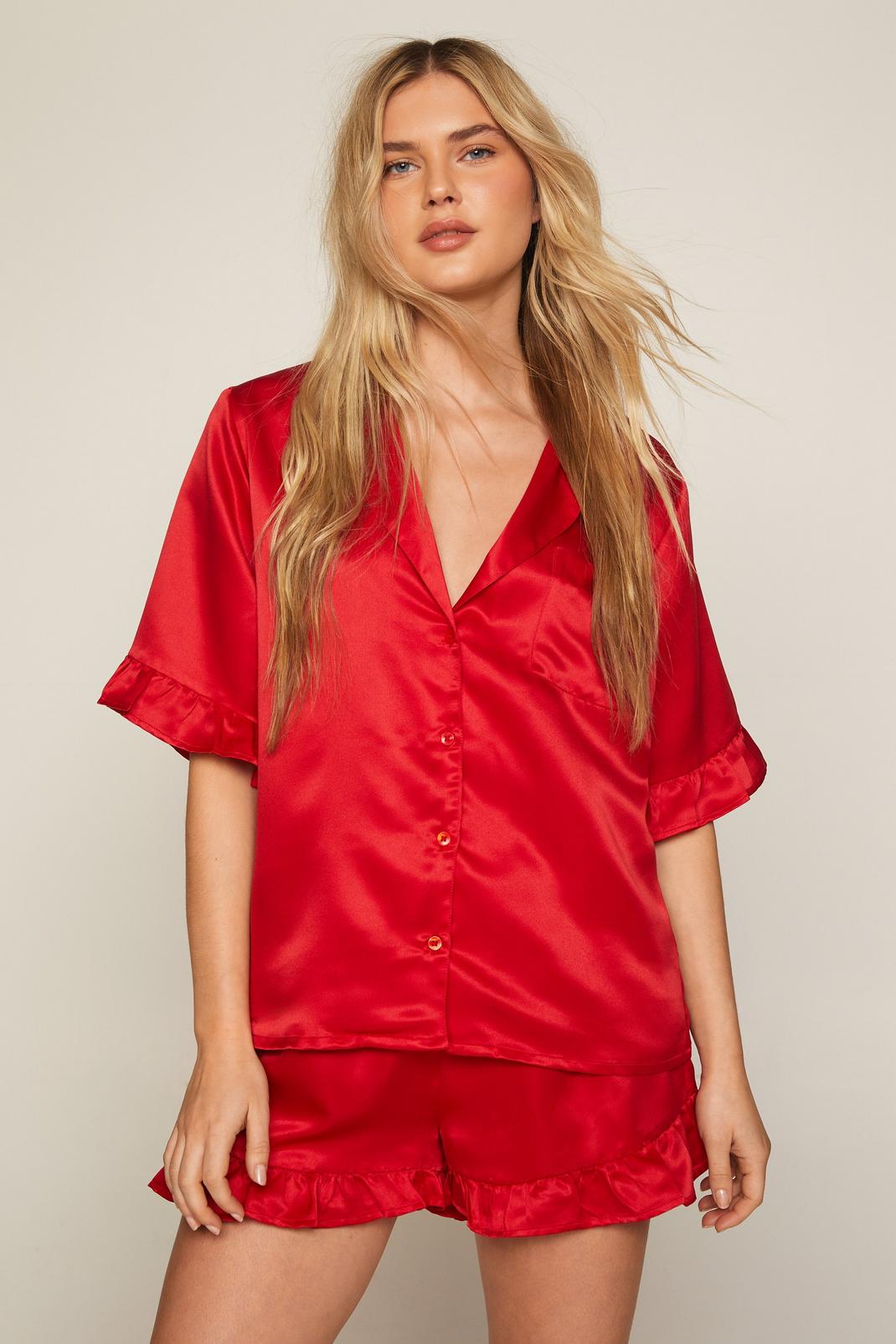Red Satin Ruffle Shorts Pyjama Set image number 1