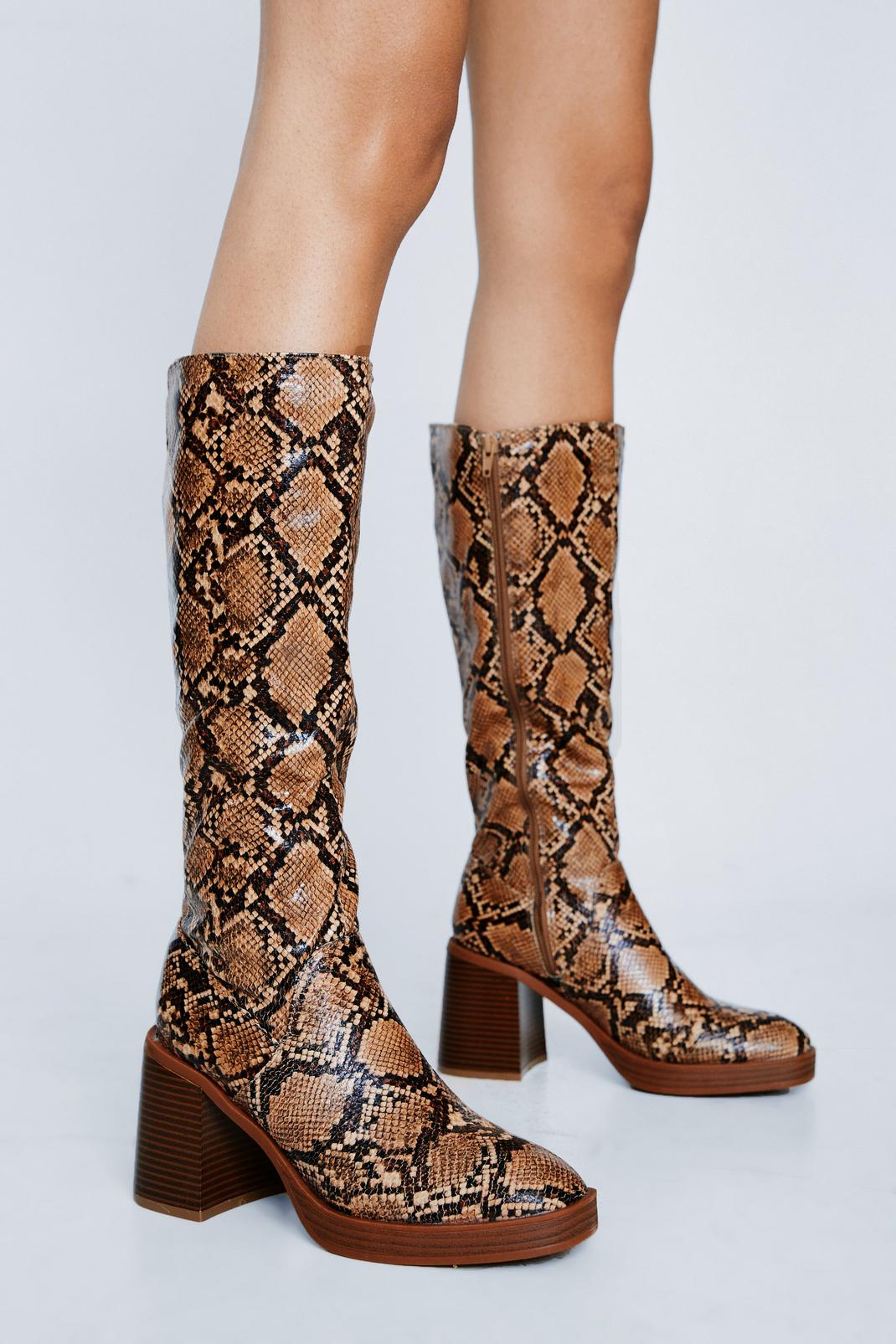Brown Faux Leather Snake Platform Knee High Boots image number 1
