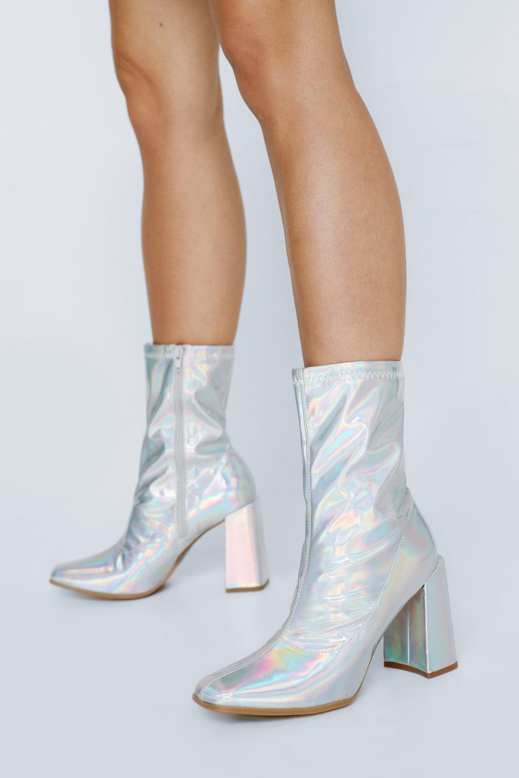 Iridescent Faux Leather Ankle Sock Boots image number 1