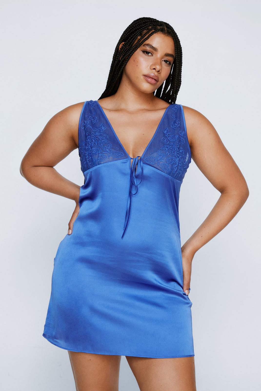Cobalt Plus Size Lace Detail Satin Mini Dress image number 1