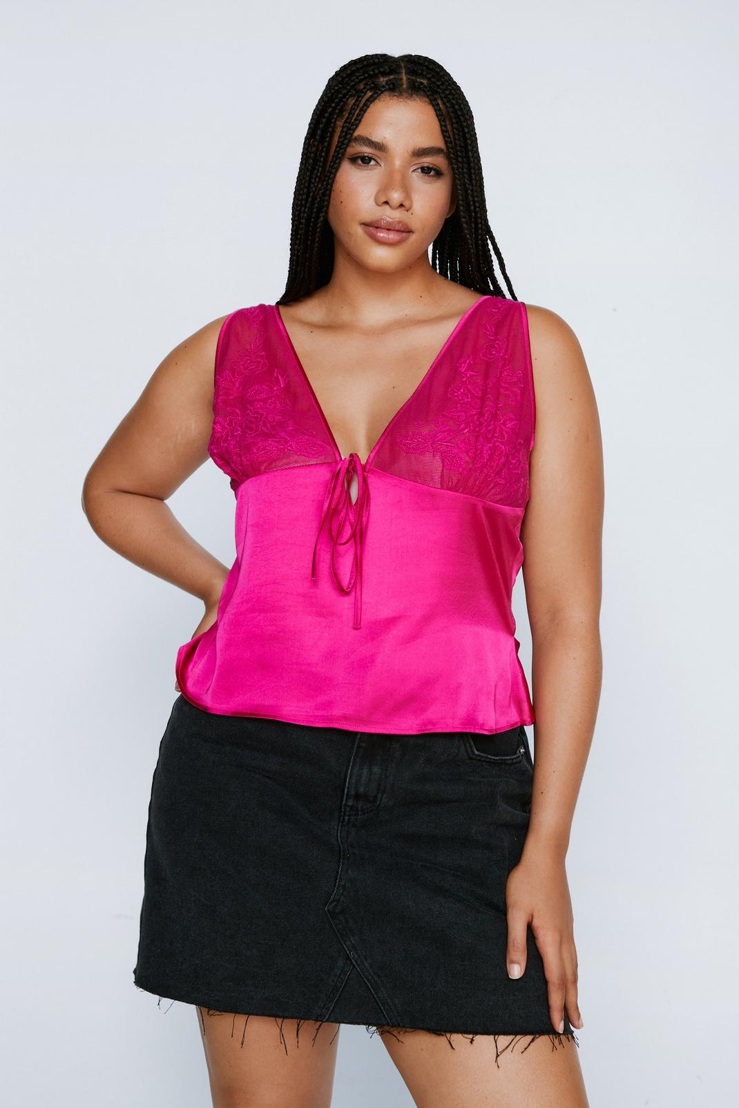 Hot pink Plus Size Lace Detail Satin Cami Top image number 1