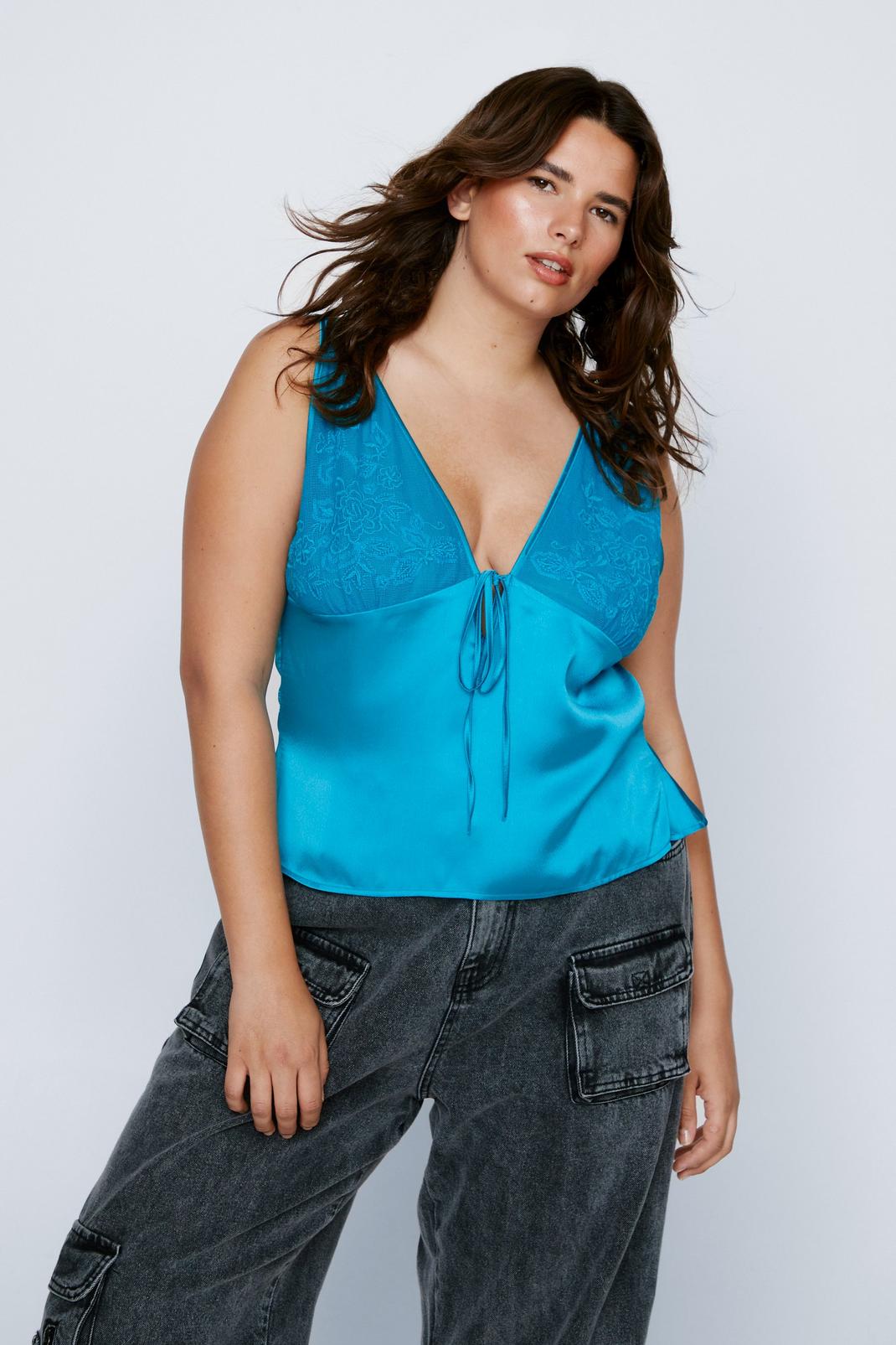 Teal Plus Size Lace Detail Satin Cami Top image number 1