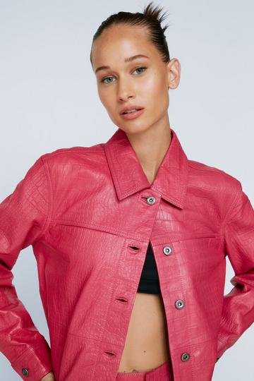 Pink Petite Croc Embossed Real Leather Jacket