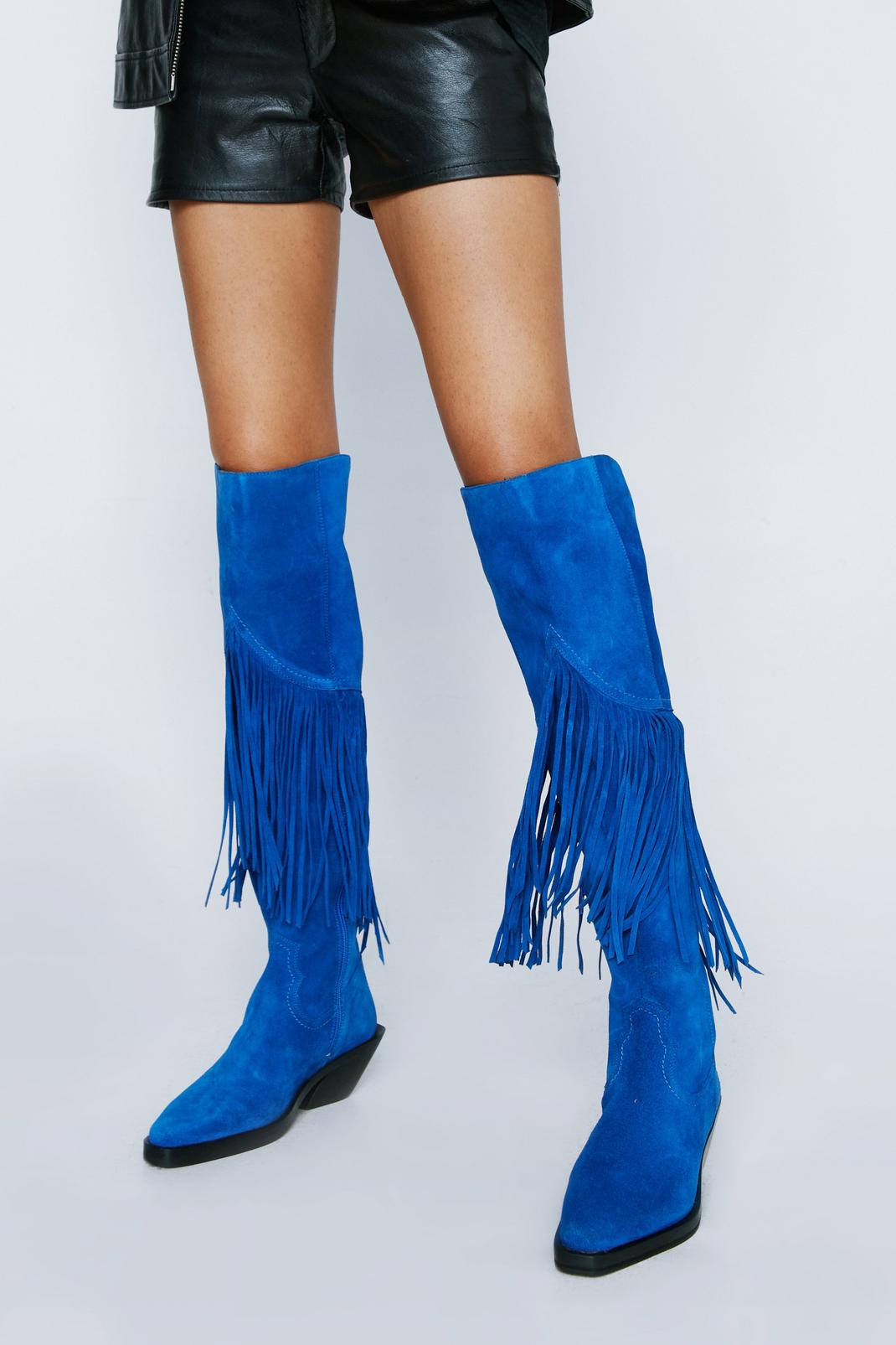 Blue Premium Suede Tassel Knee High Cowboy Boots image number 1