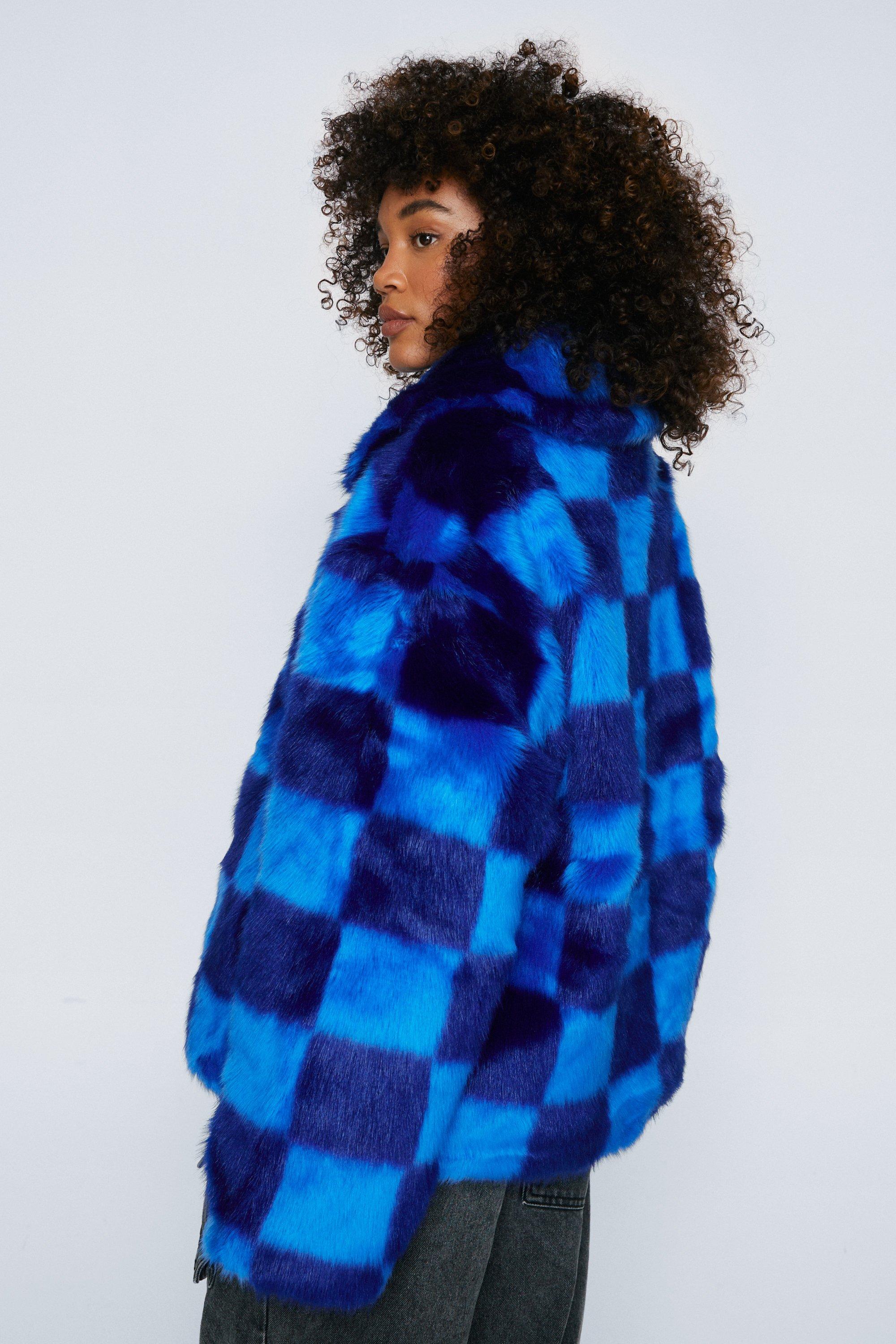 Premium Blue Checkerboard Faux Fur Coat