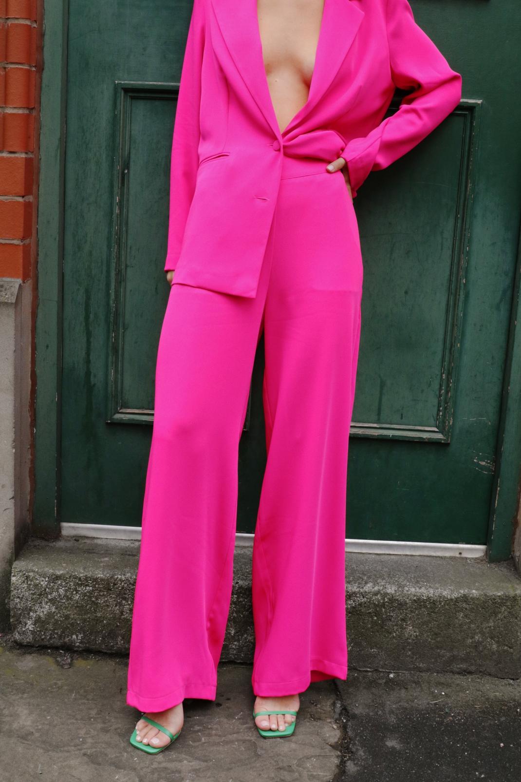 Pink Satin Tailored Straight Leg Pants image number 1