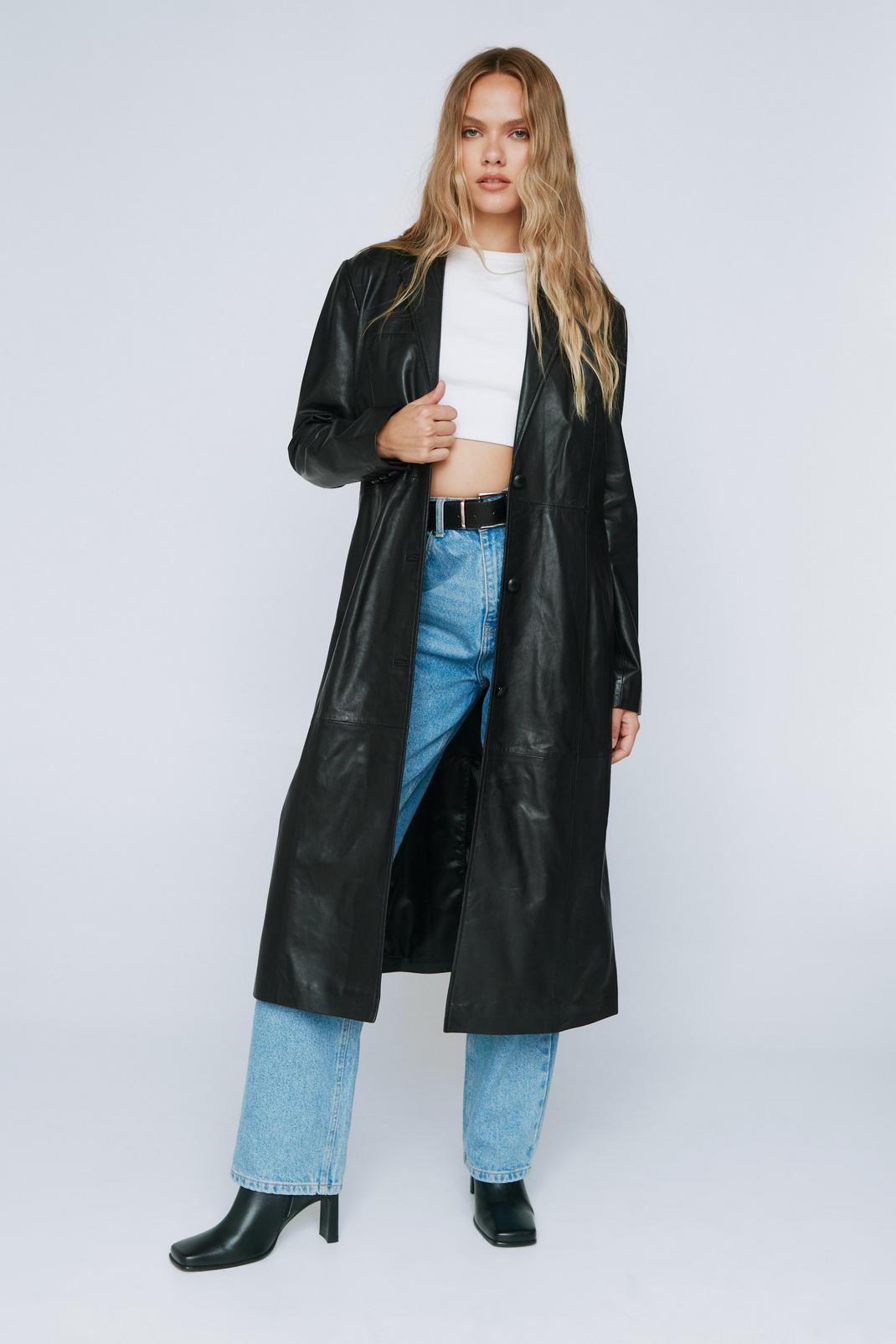Black Real Leather Oversized Duster Coat image number 1