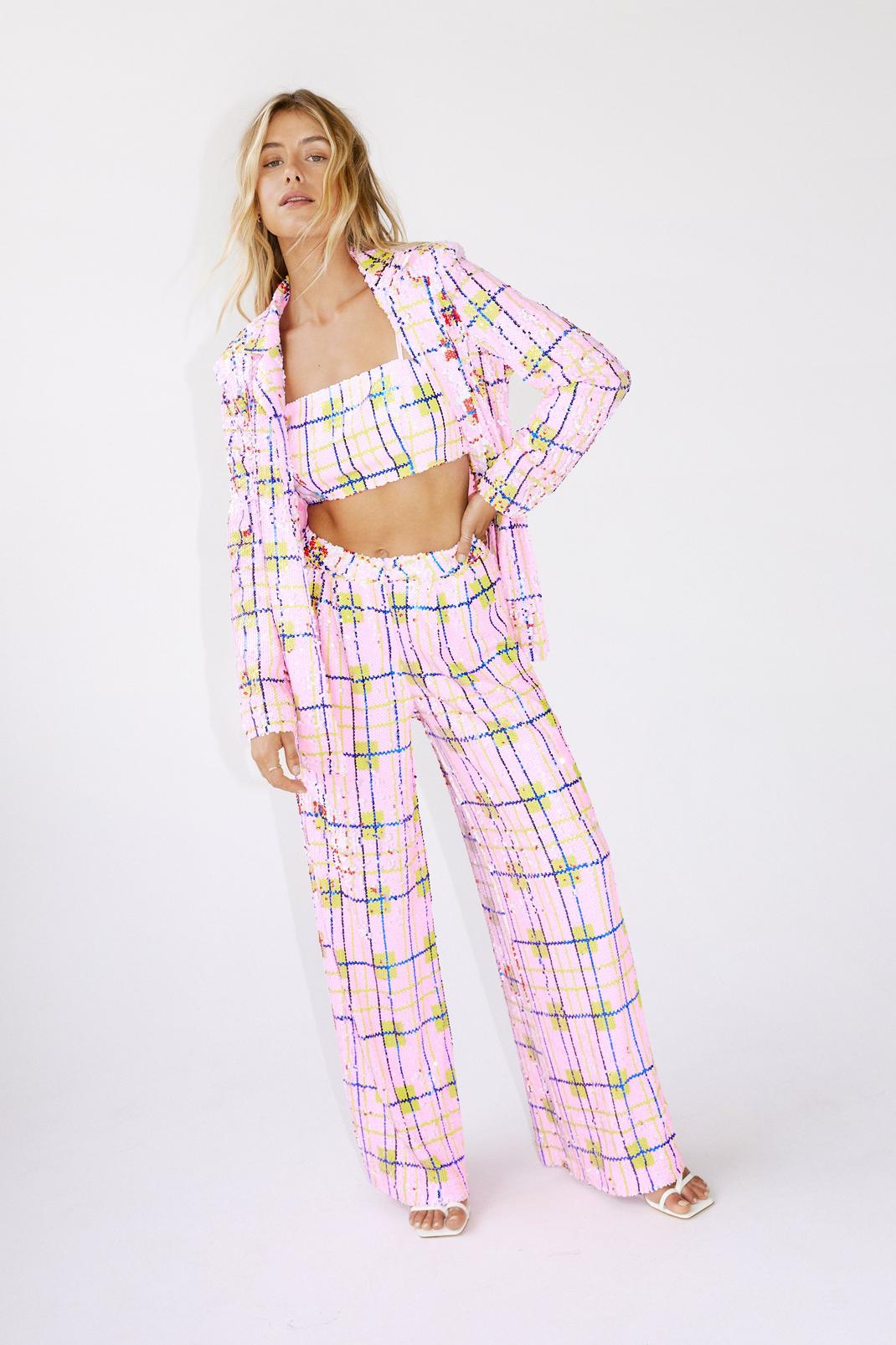 Pink Check Sequin Wide Leg Pants image number 1