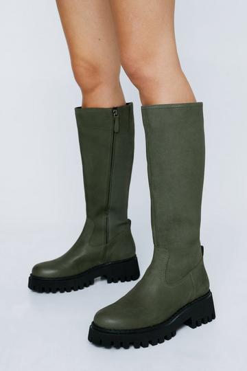 Real Leather Chunky Knee High Boots dark green