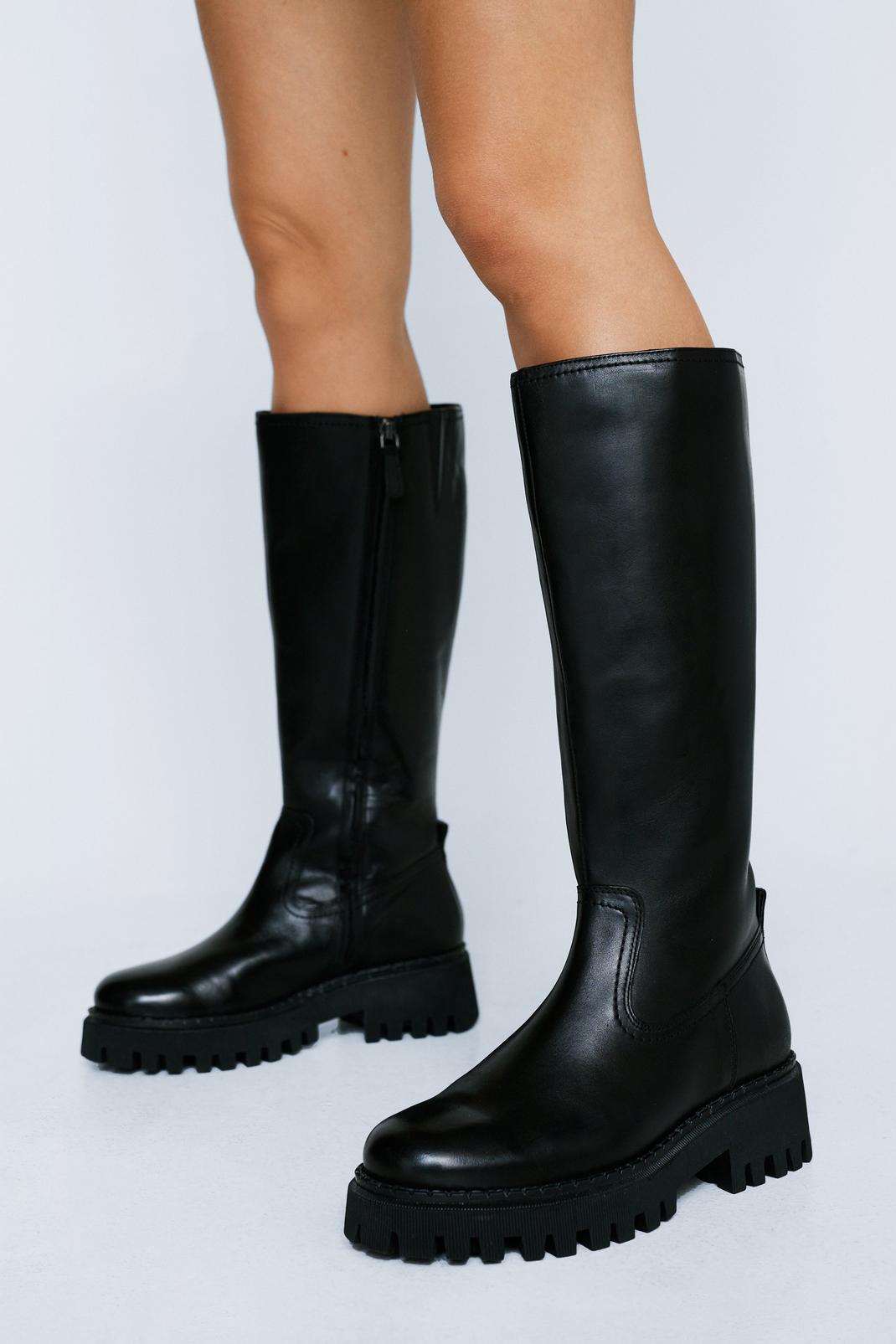 Black Real Leather Chunky Knee High Boots image number 1