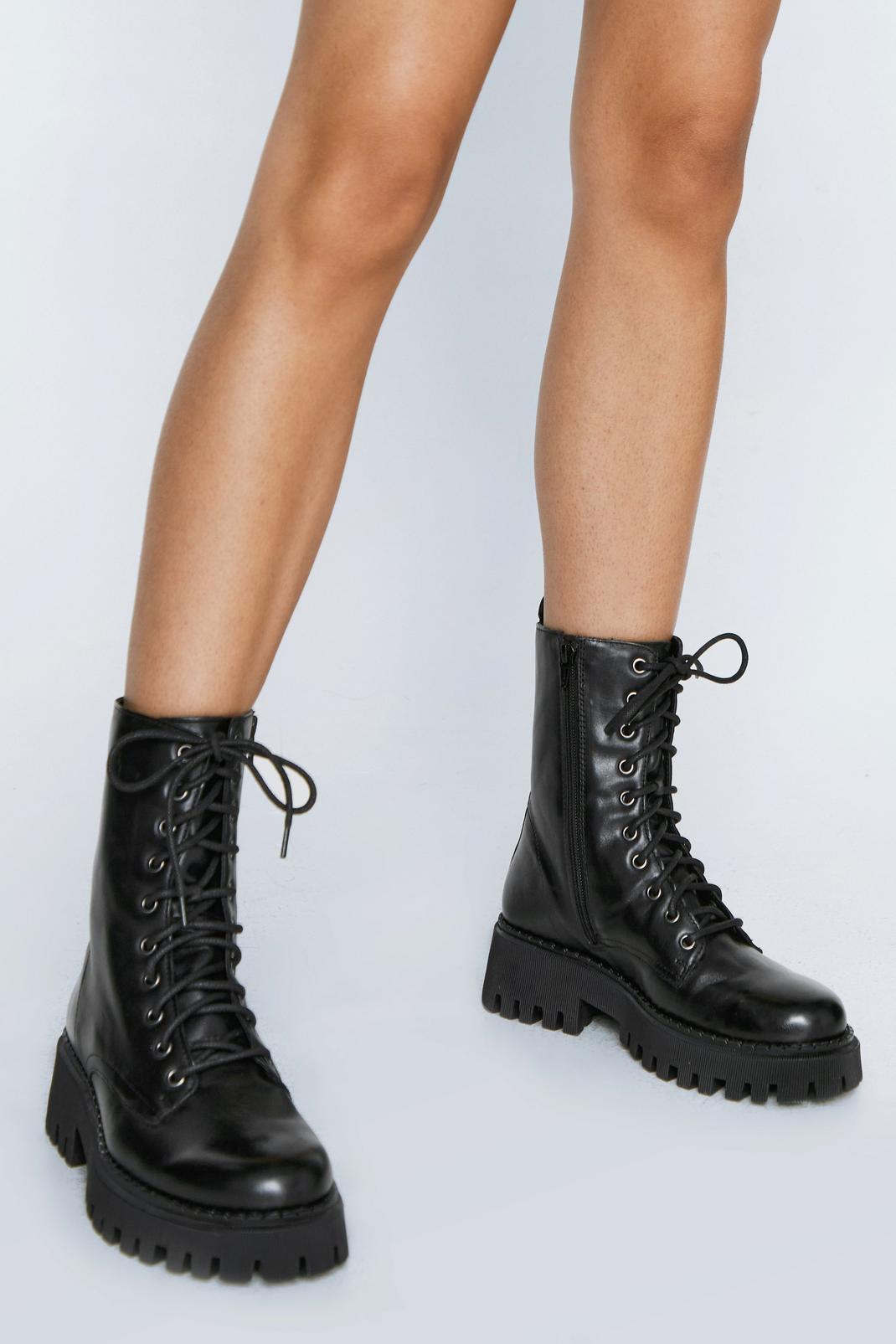 Black Real Leather Chunky Lace Up Biker Boots image number 1
