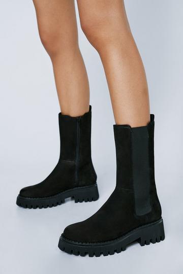Black Real Leather Chunky Longline Chelsea Boots