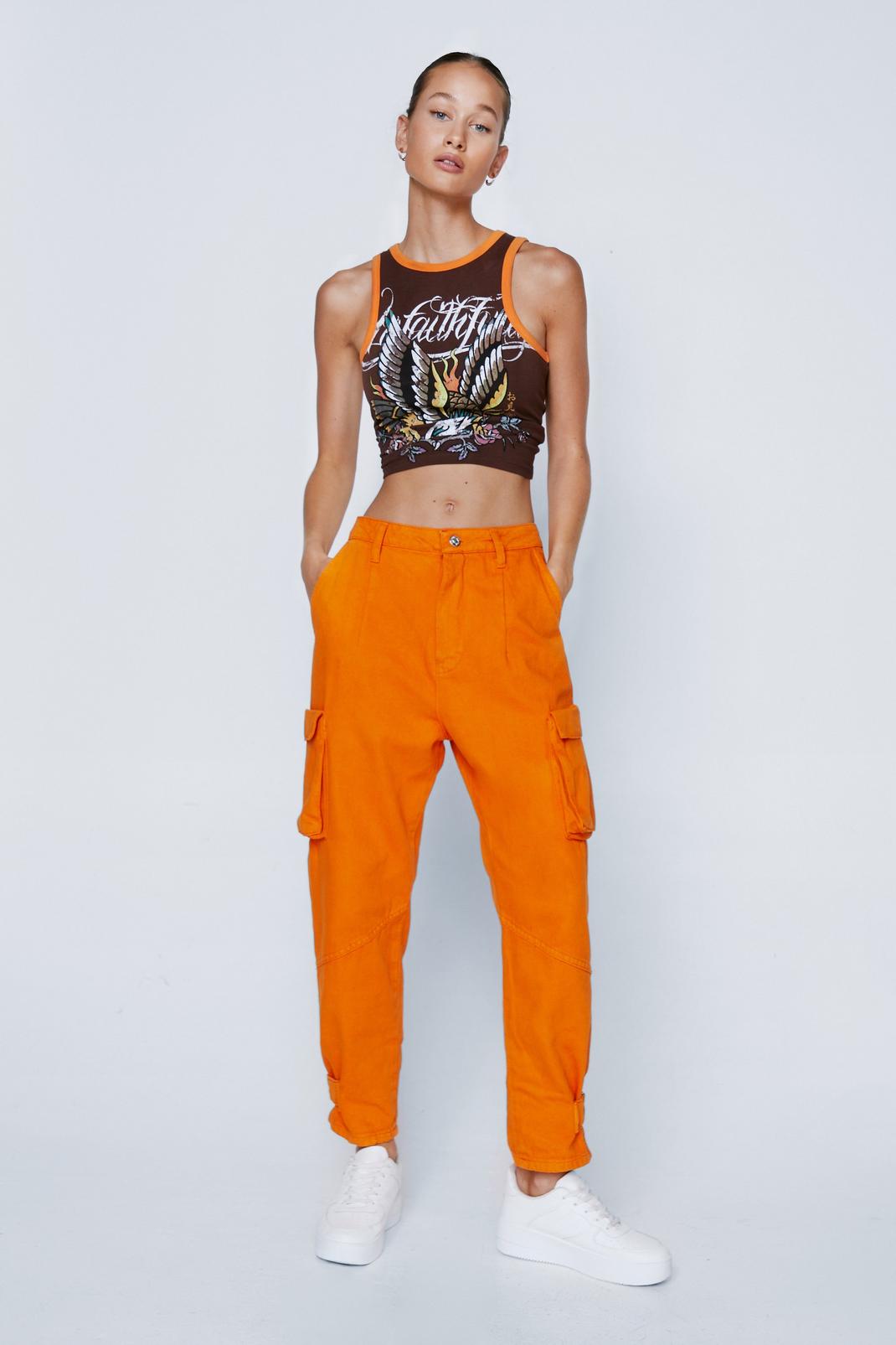 Orange Cropped Cuffed Cargo Pants image number 1