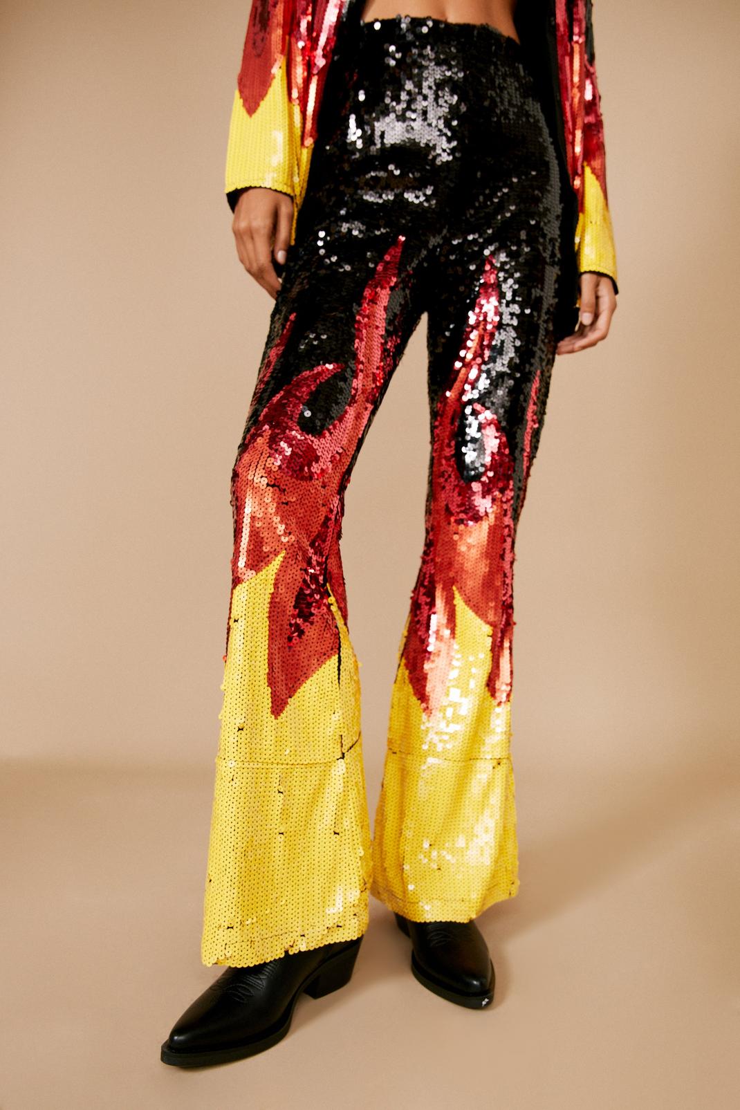 Red Flame Sequin Kick Flares image number 1