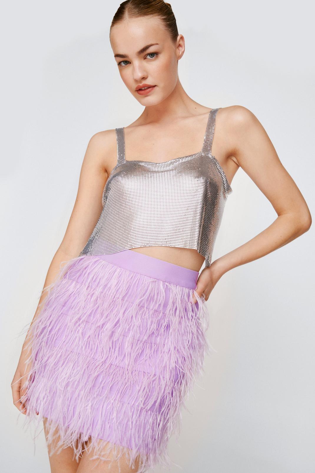 Lilac Premium Faux Feather Bandage Mini Skirt image number 1