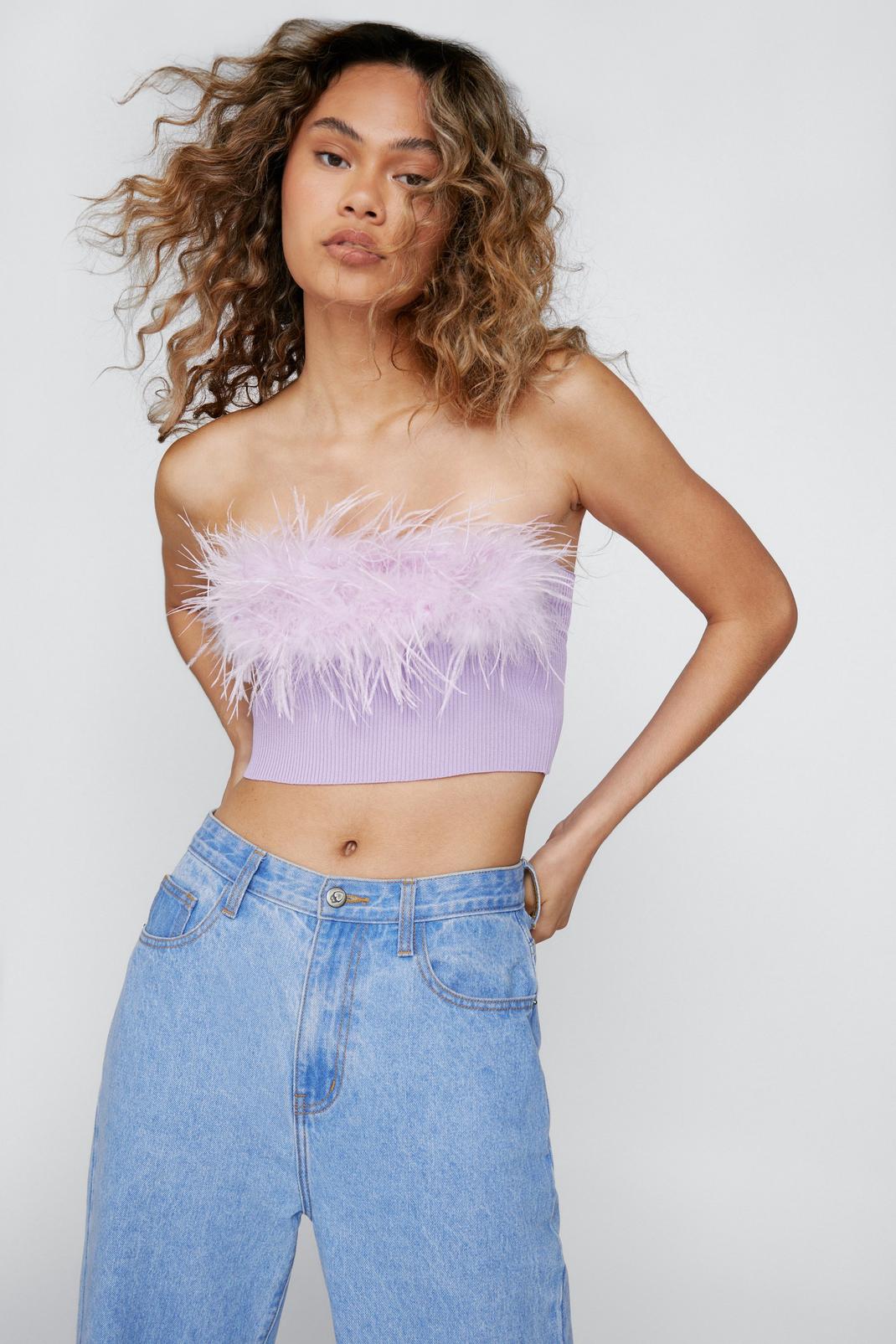 Lilac Faux Feather Trim Ribbed Bandeau Top image number 1
