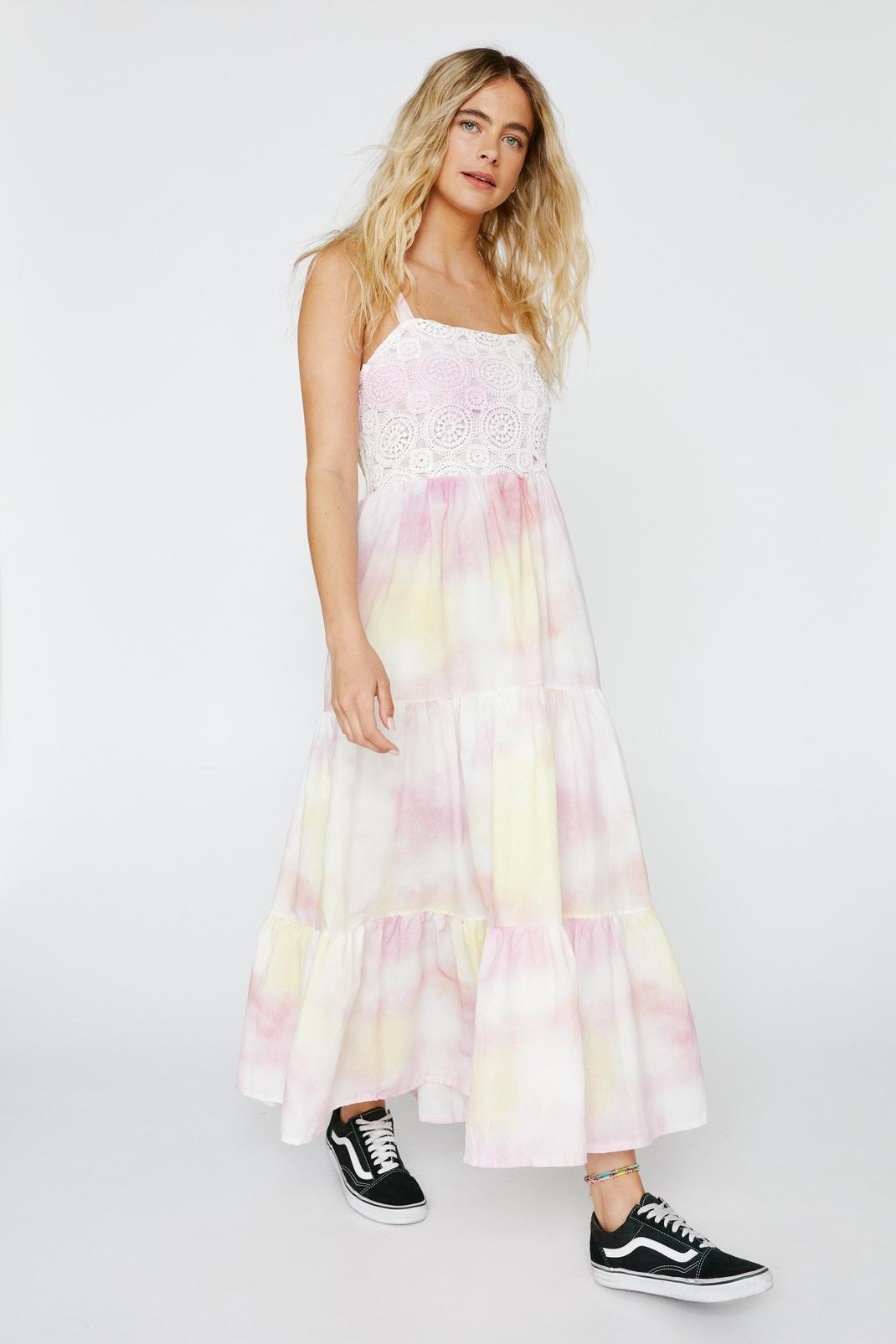 Pink Tie Dye Embroidered Tiered Smock Dress image number 1