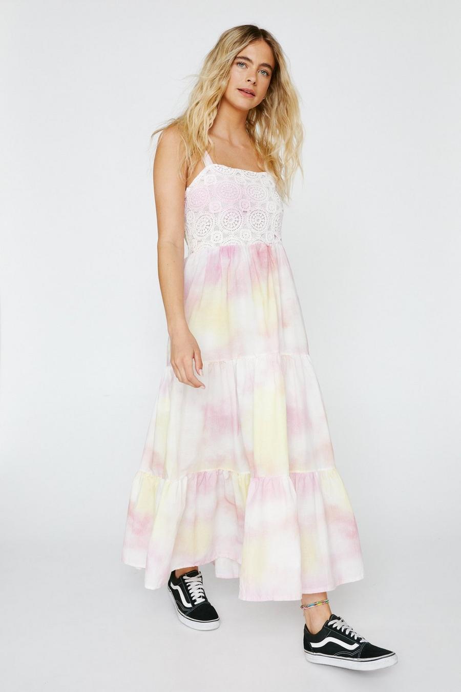 Tie Dye Embroidered Tiered Smock Dress