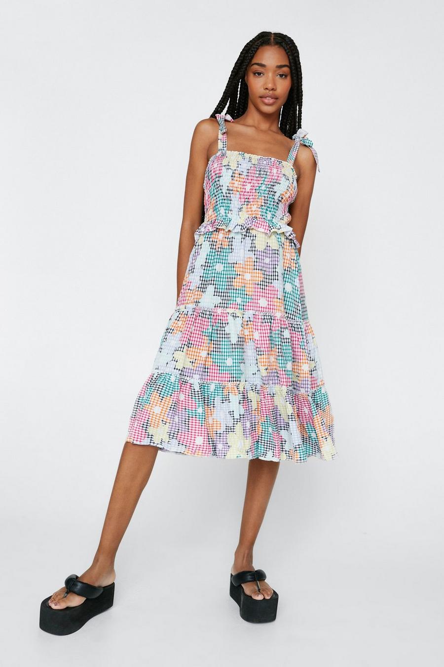 Floral Print Shirred Strappy Midi Dress