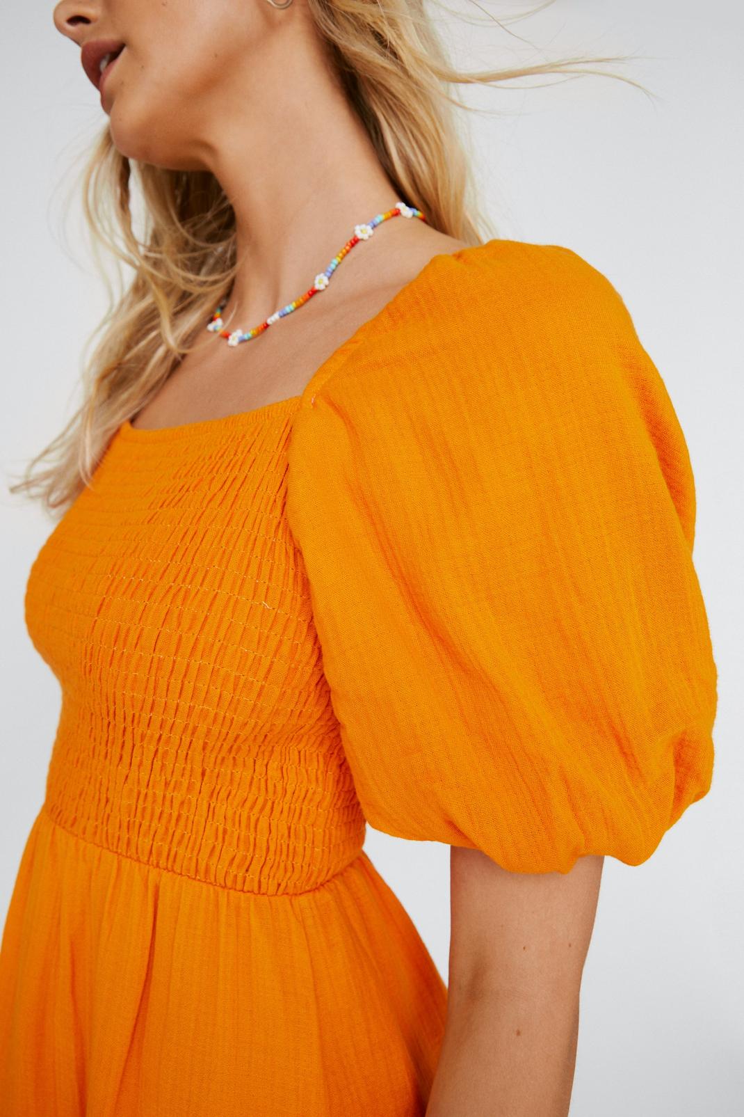 Orange Puff Sleeve Shirred Midi Smock Dress image number 1