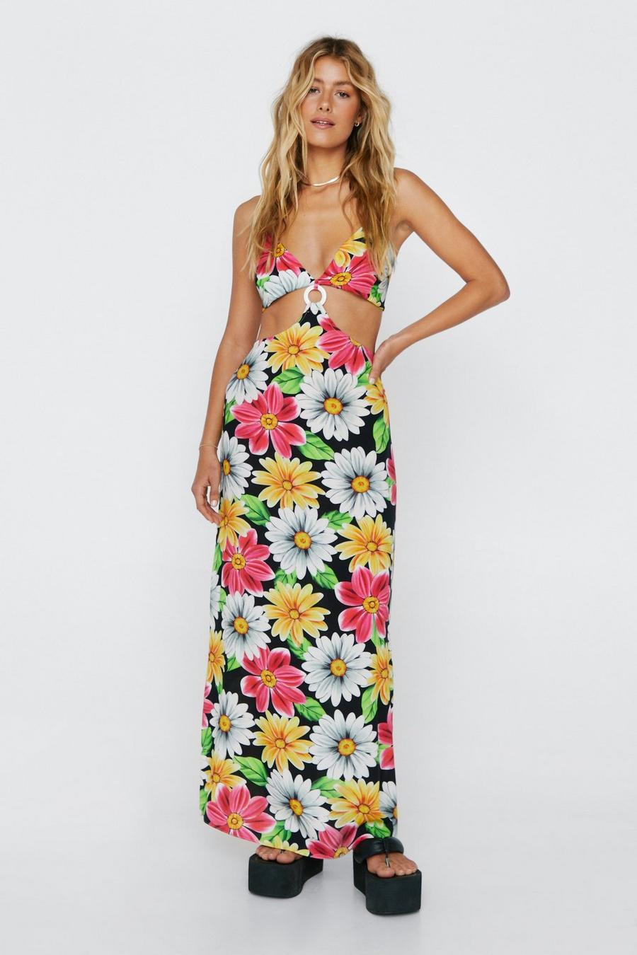Floral Print Cut Out Halter Neck Maxi Dress