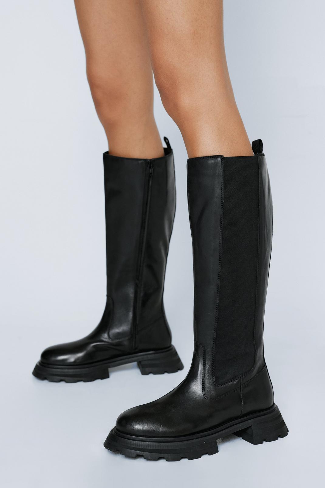Black Real Leather Knee High Chelsea Boot image number 1