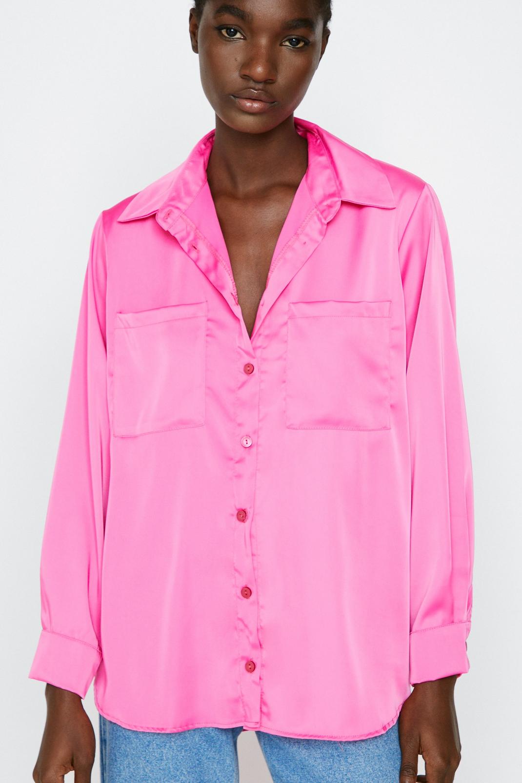 Hot pink Satin Relaxed Button Down Shirt image number 1
