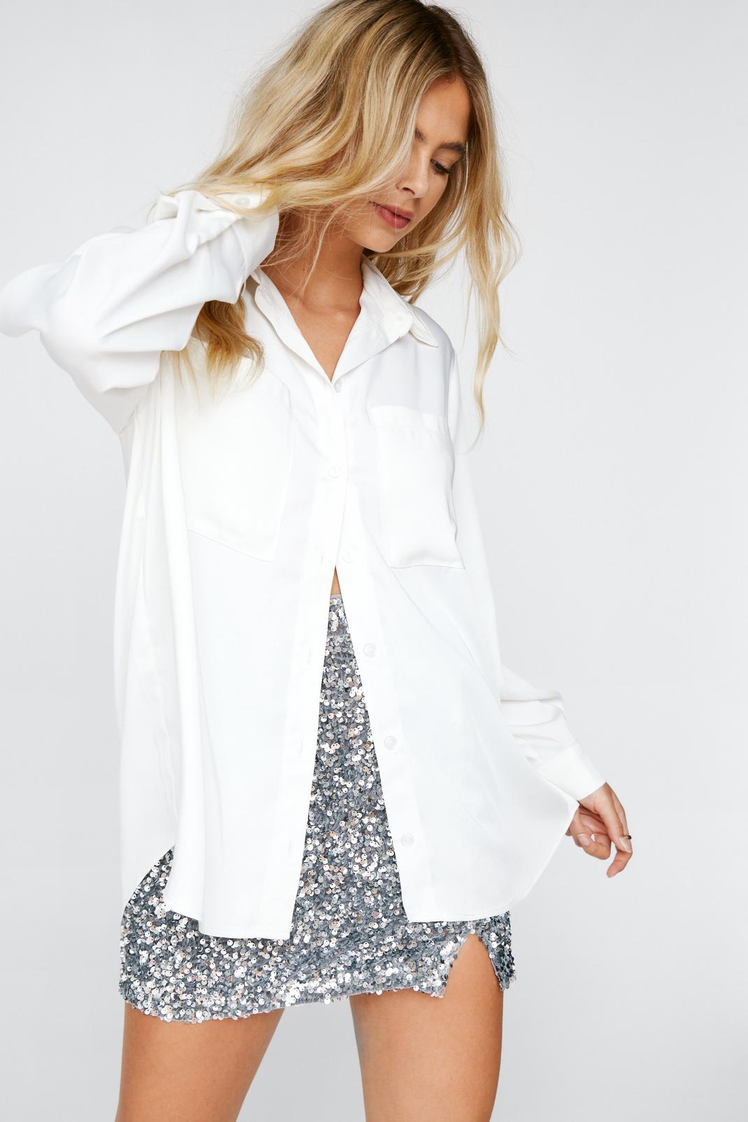 Ivory Satin Relaxed Button Down Shirt image number 1