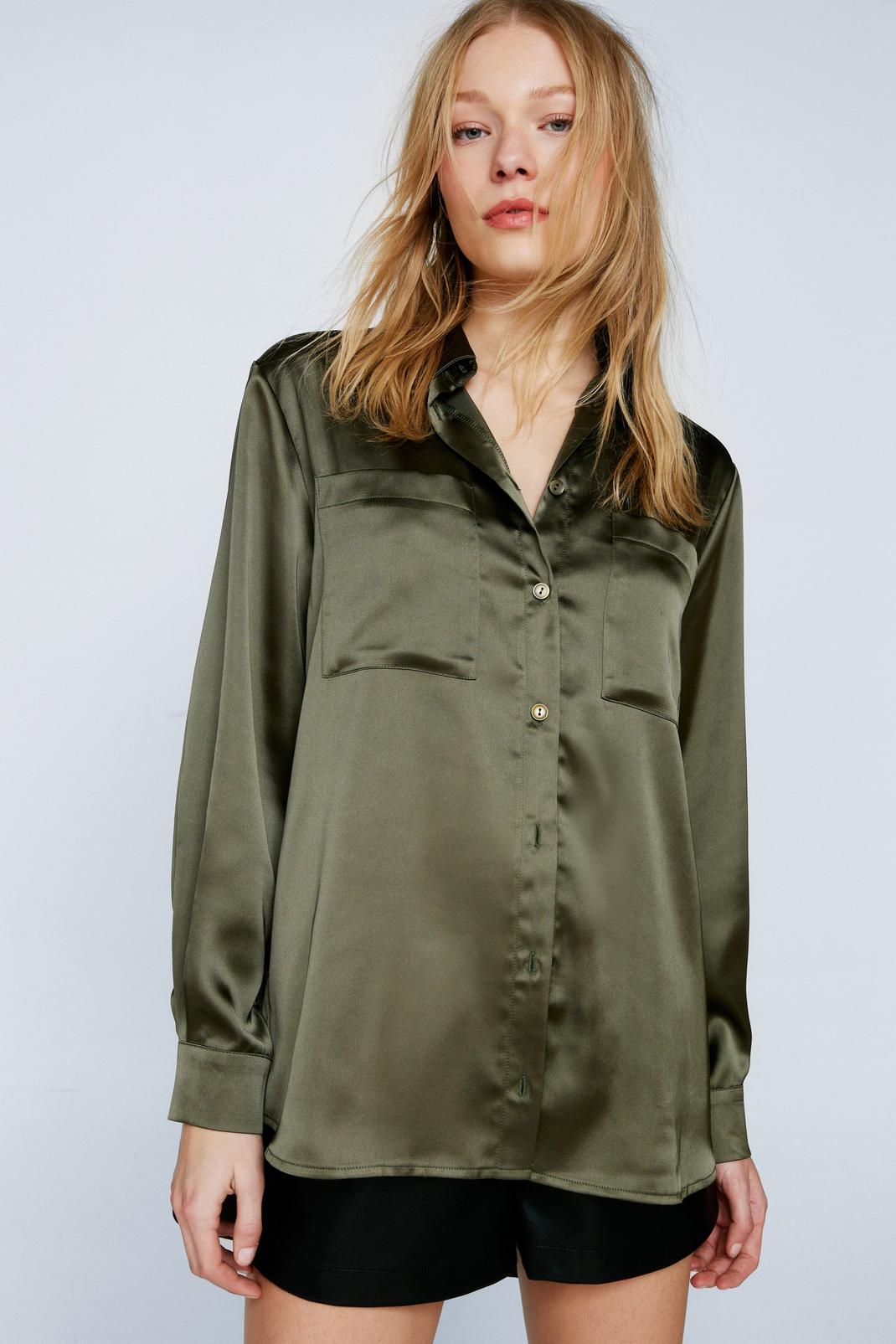 Khaki Satin Relaxed Button Down Shirt image number 1