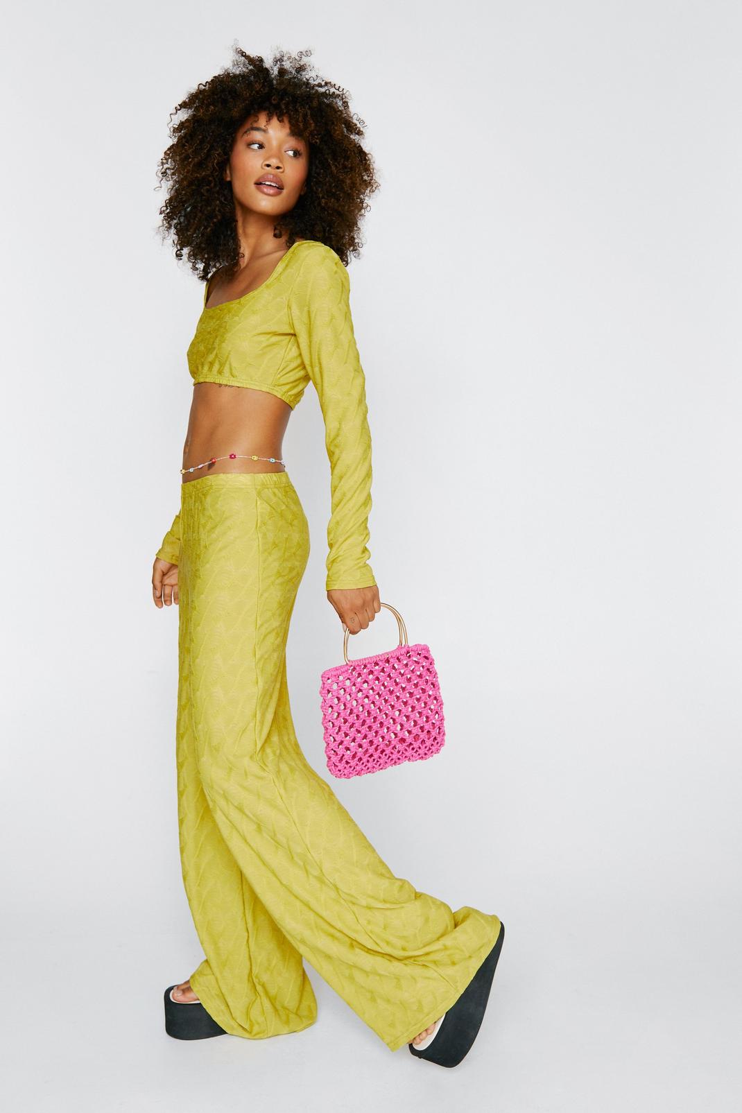 Green Textured Crop Top and Wide Leg Pants Set image number 1