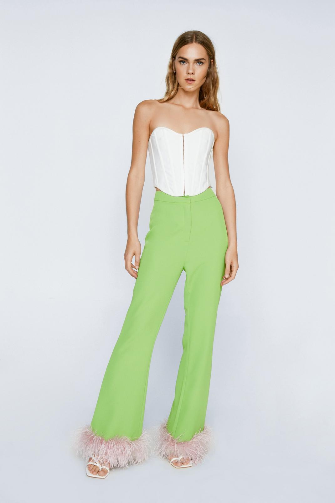 Green Feather Trim Kick Flare Pants image number 1