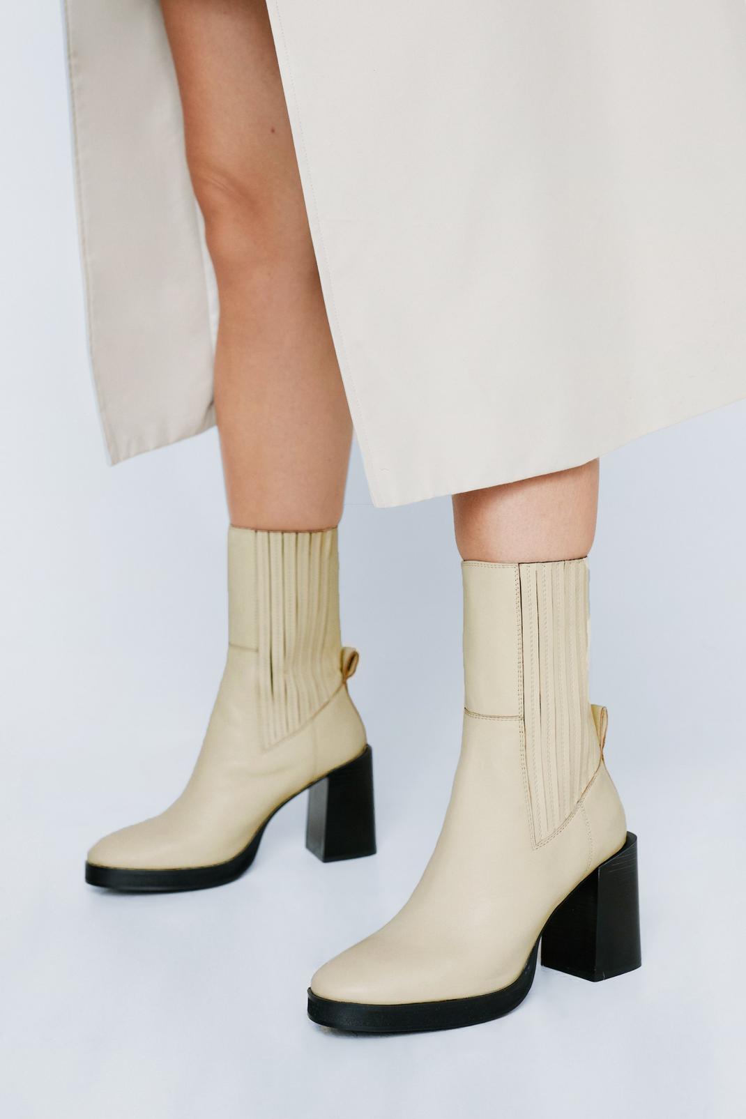 Beige Real Leather Platform Ankle Chelsea Boots image number 1