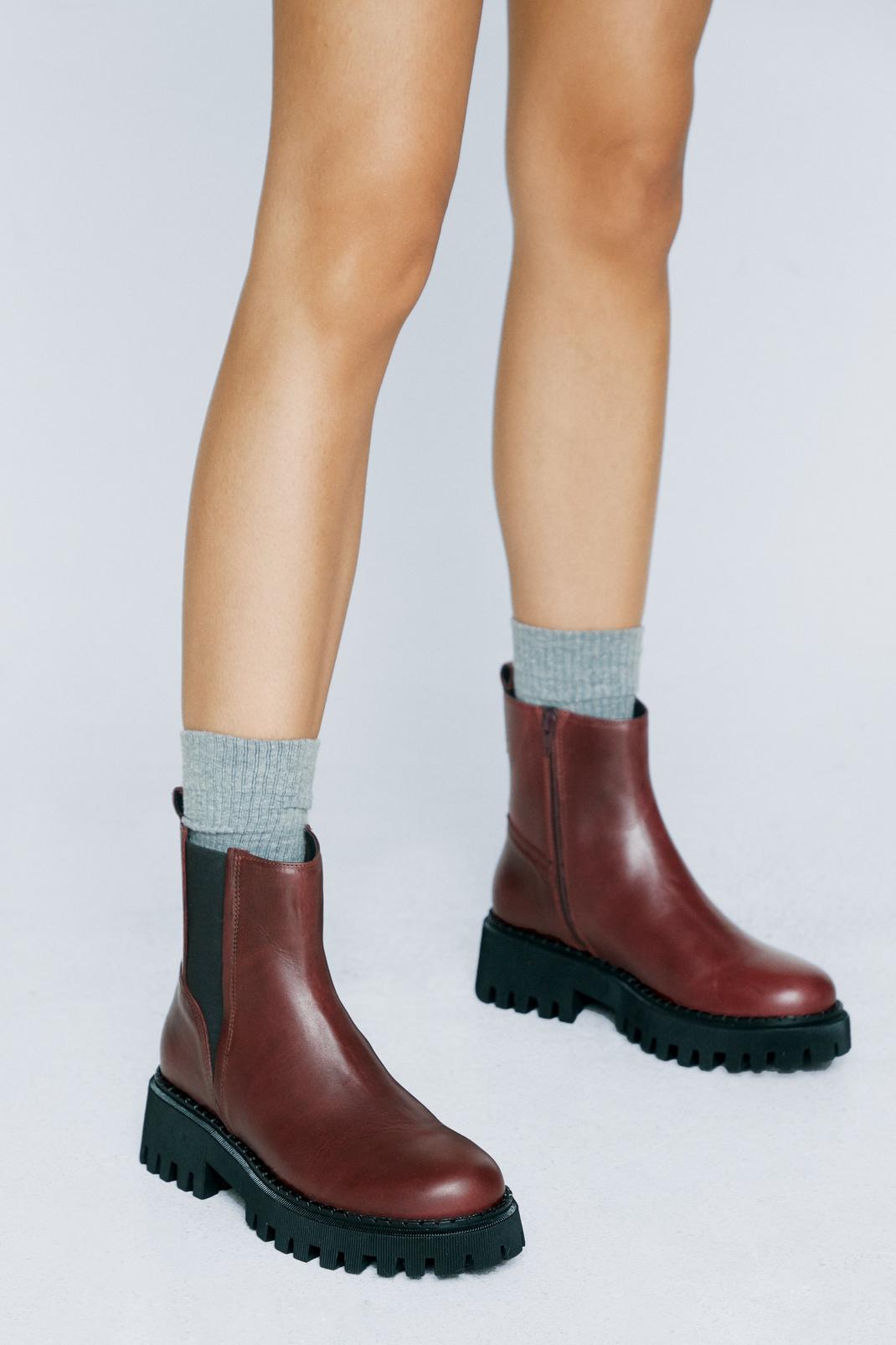 Burgundy Real Leather Chunky Chelsea Boot  image number 1