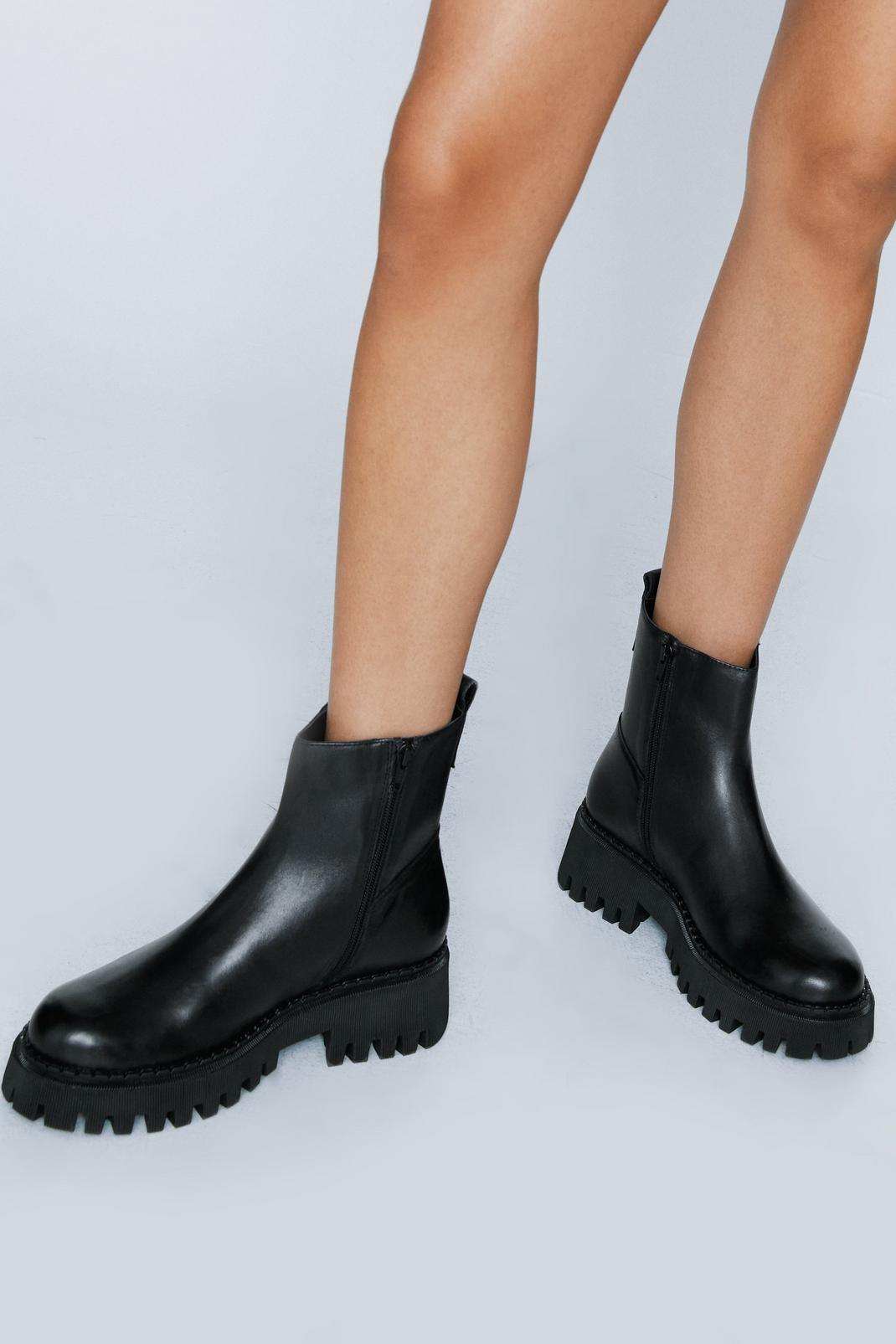 Black Real Leather Chunky Chelsea Boots image number 1