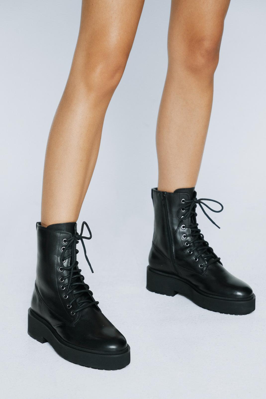 Black Real Leather Lace Up Biker Boots image number 1