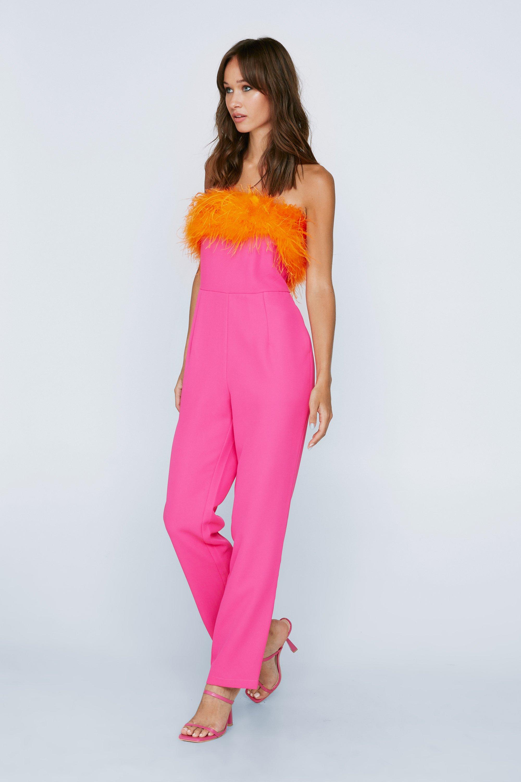 Petite Bandeau Feather Trim Jumpsuit