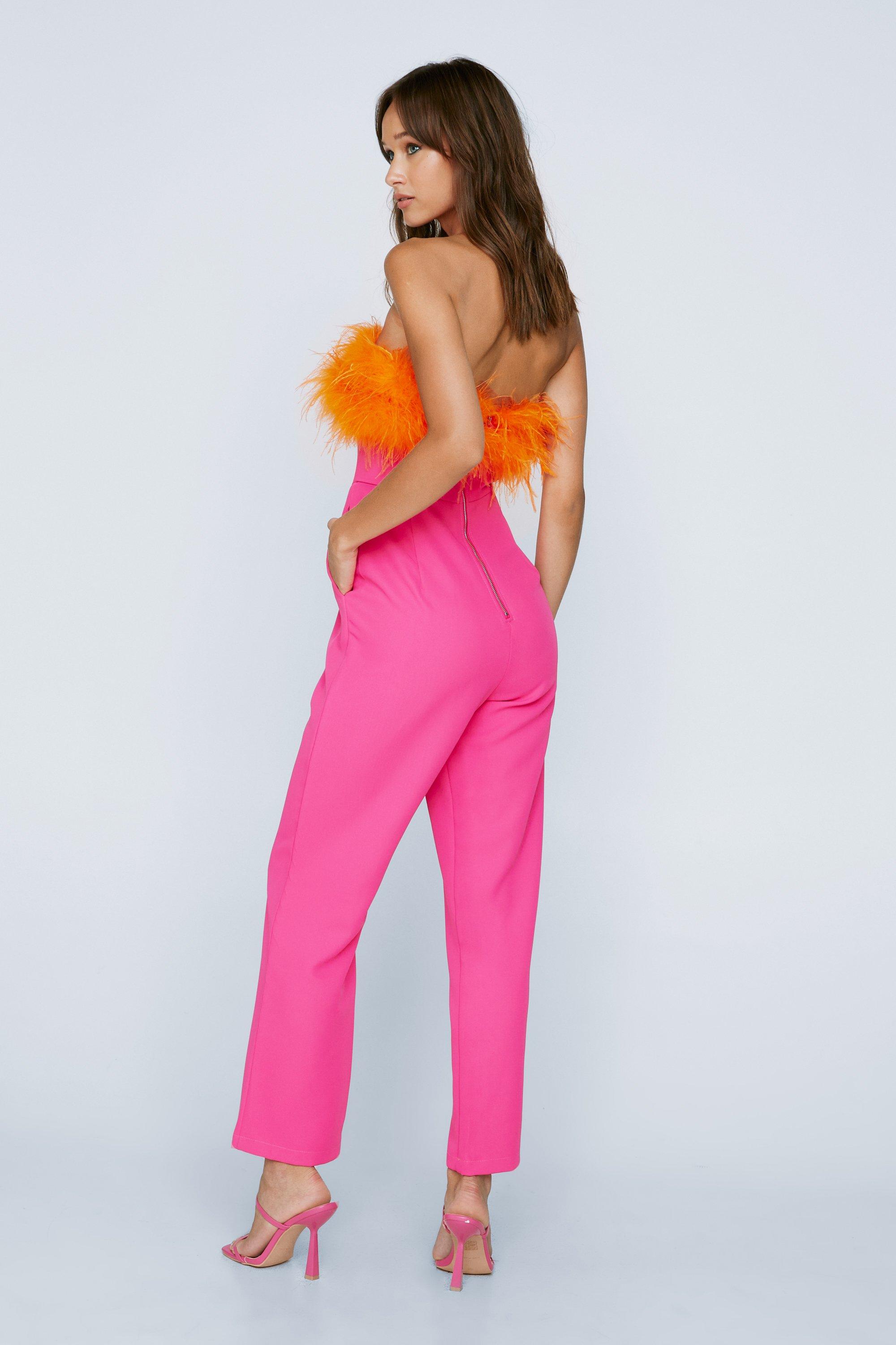 Pink Denim Jumpsuit Beaded Fringe Trim