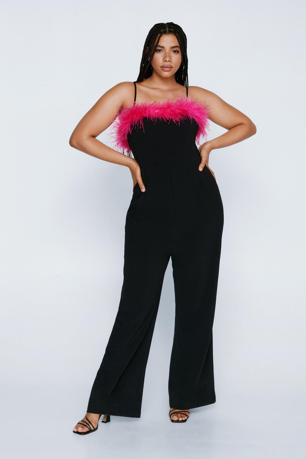Black Plus Size Feather Trimmed Flared Jumpsuit image number 1